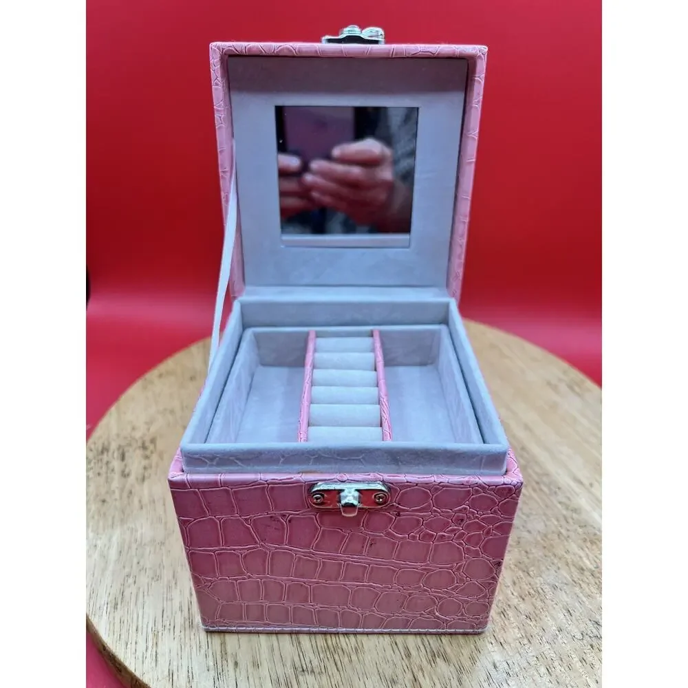 Pink 3 Tier Jewelry Box Crocodile Embossed Faux Leather Portable